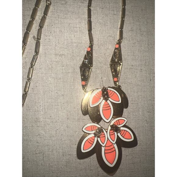 STELLA & DOT Hibiscus Orange Enamel Rhinestone Crystal Long Statement Necklace - Picture 3 of 8